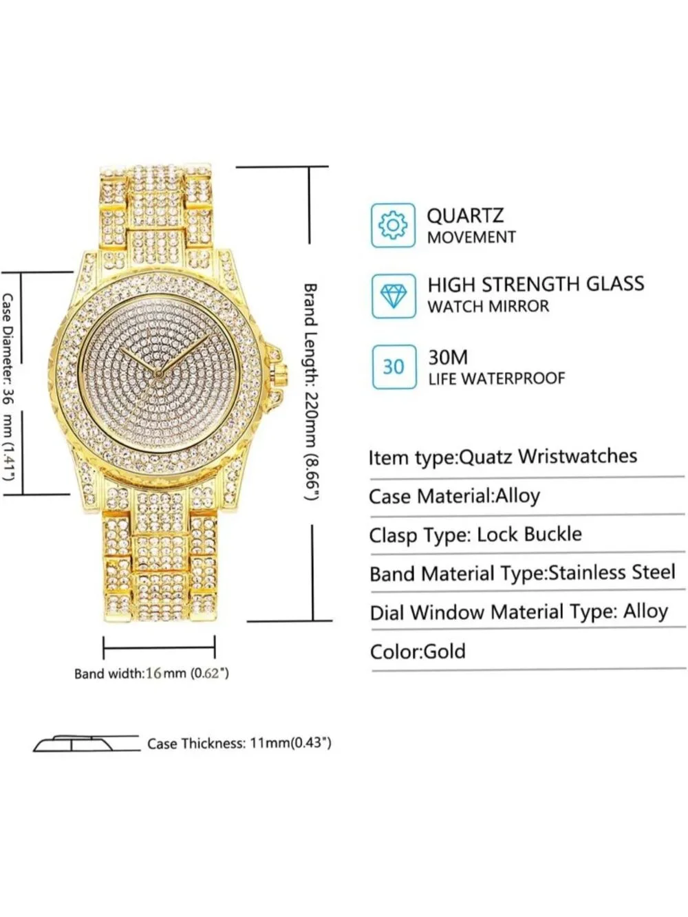 Women's Gold Interior Full Diamond Bling Rhinestone Quartz Crystal Wrist Watches